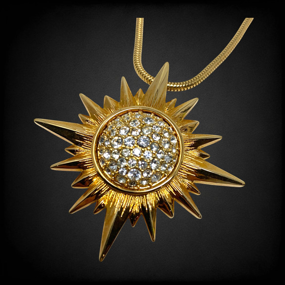 Swarovski Crystal Starburst Sun Gold Tone Celestial Statement Pendant Necklace - Picture 2 of 7